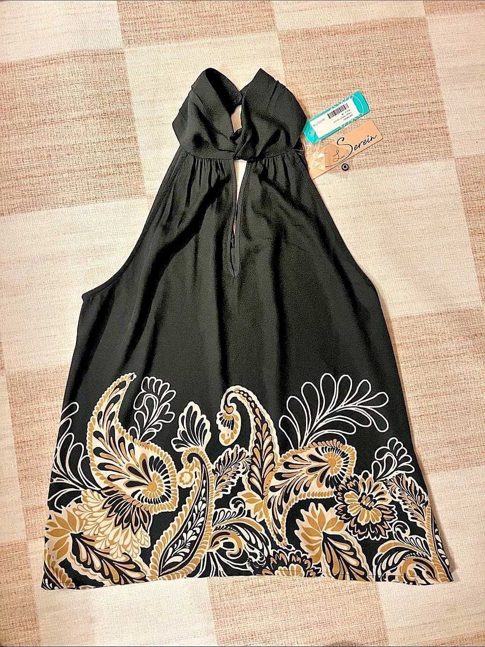 Serein Paisley Halter Top in Black & Gold NWT